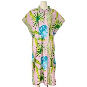 Holly Shae Design Cotton Midi Dress Kaftan Tropical Pink Green M/L